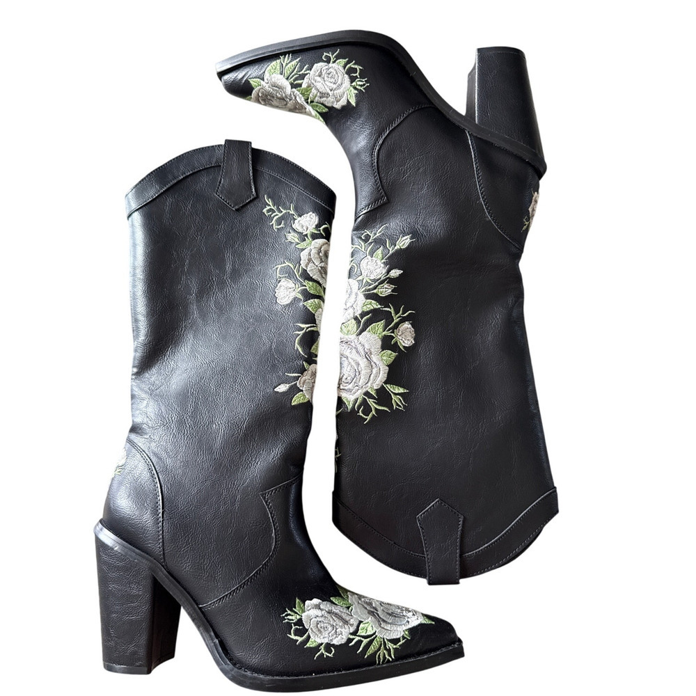 NEW Widow Mourning Rose Embroidered Western Romance Floral Boots Sz 8 Cowgirl
